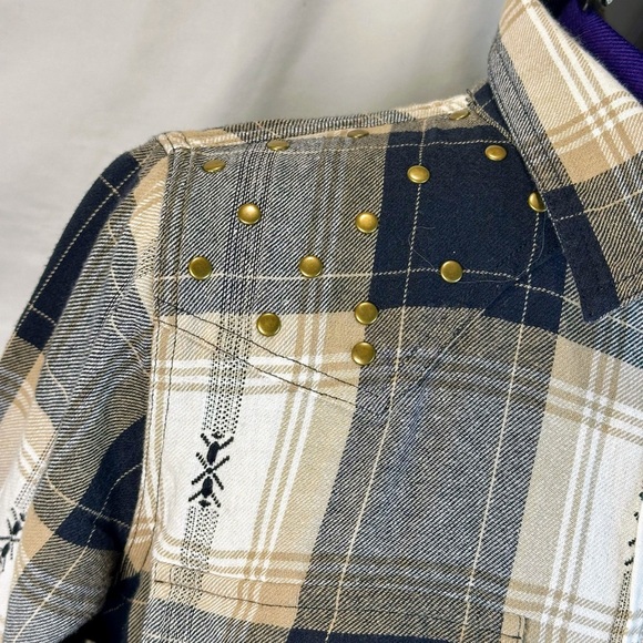 Women’s Button-Down Navy and Cream Plaid Shirt with Stud Shoulders Accents - Picture 3 of 15